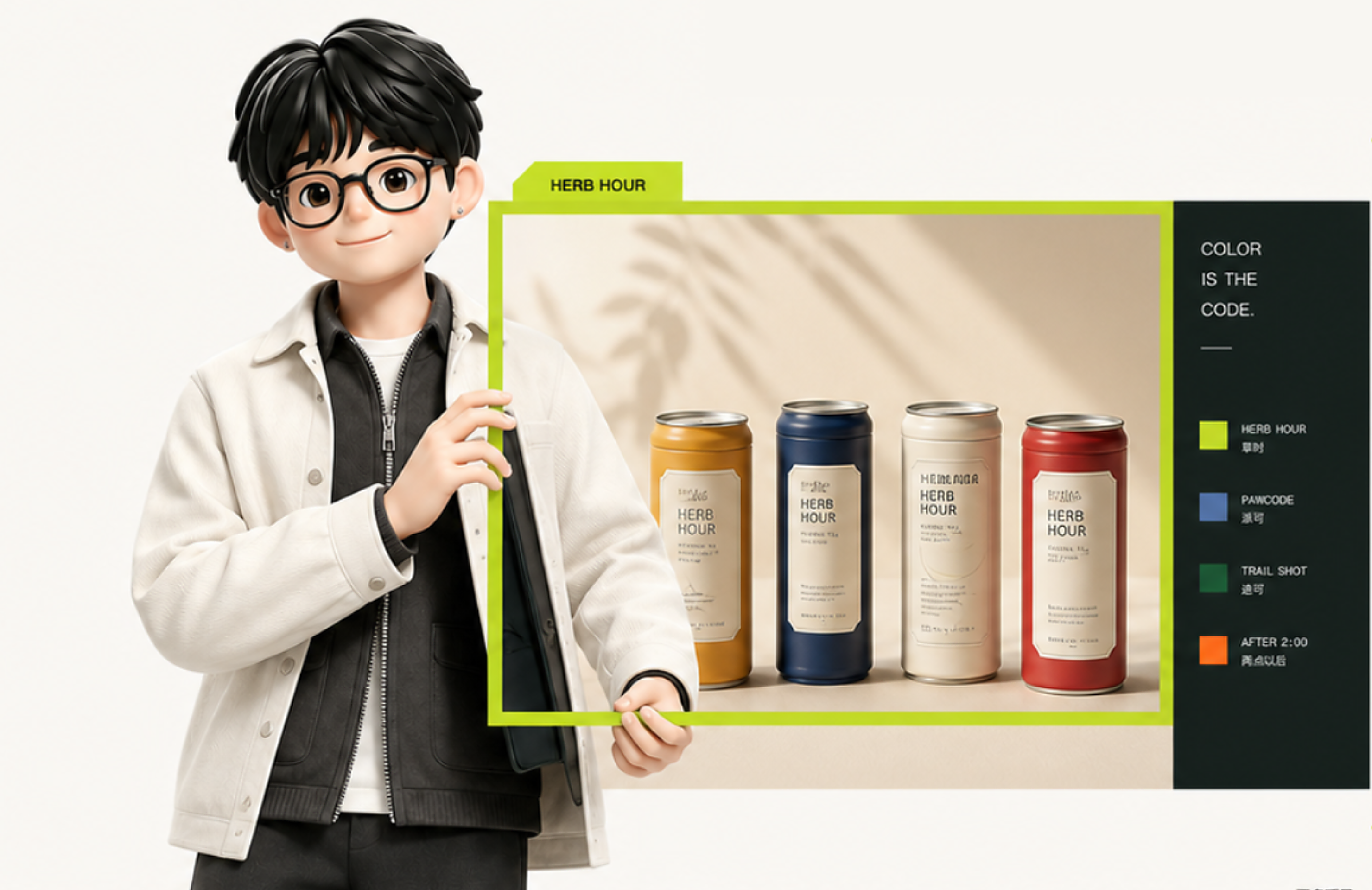 苏泳豪个人IP形象通过荧光绿取景框展示 HERB HOUR 草时品牌包装系统
